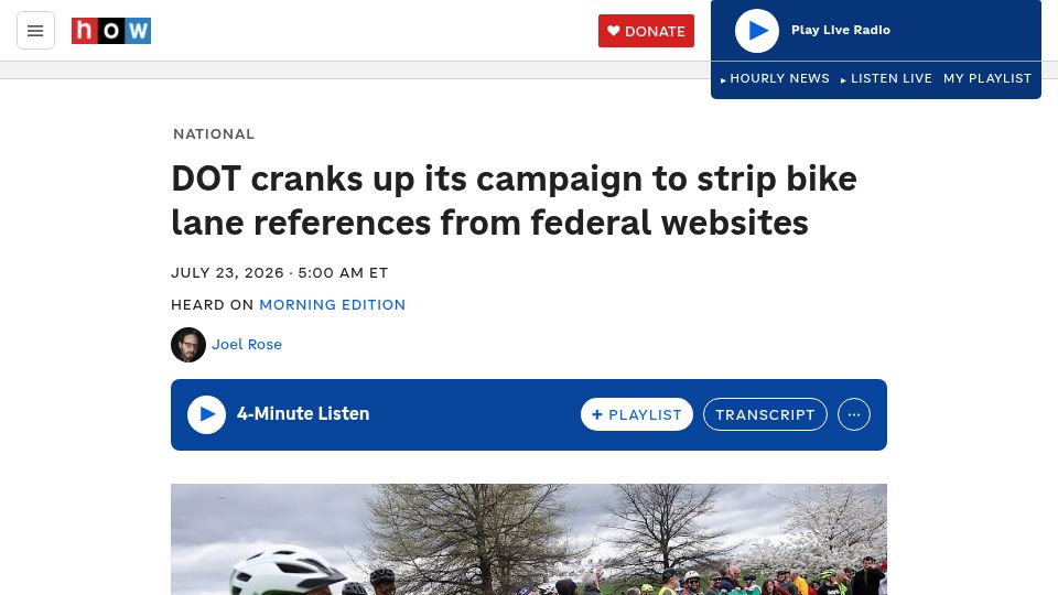 Screenshot of npr.org: US DOT deleting bike lane references
