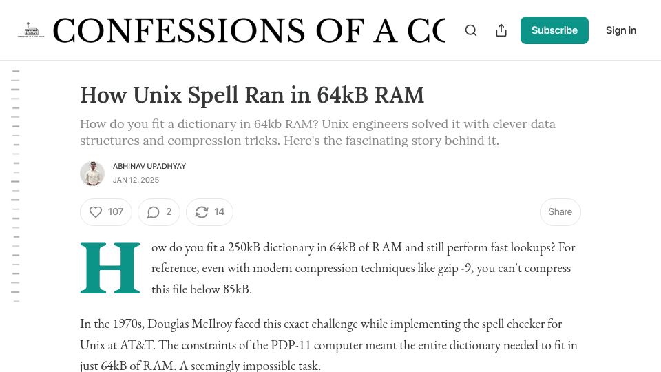 Screenshot of blog.codingconfessions.com: How Unix spell ran in 64 kB of RAM