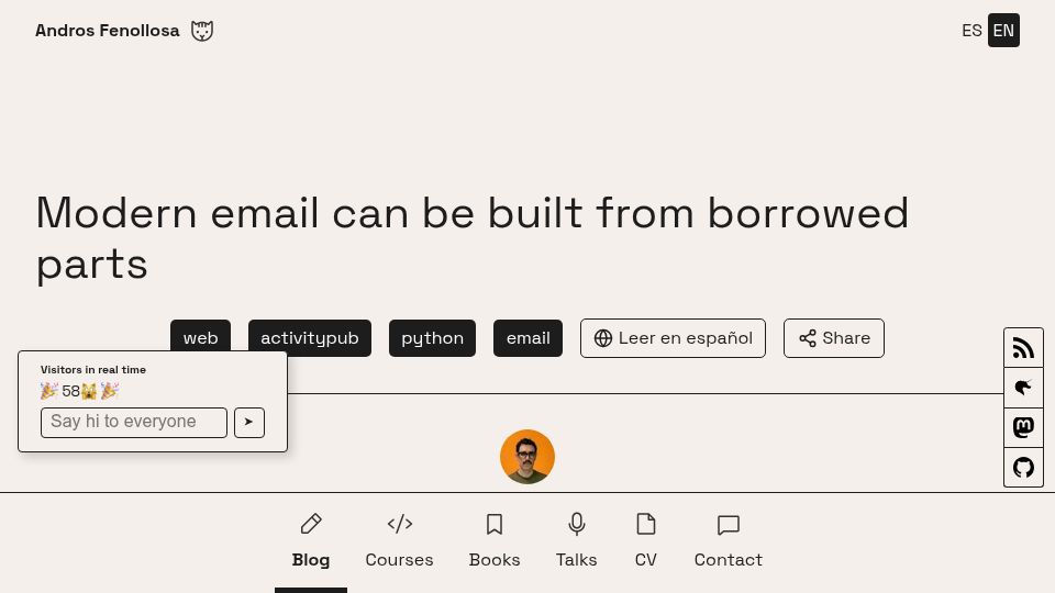 Screenshot of en.andros.dev: Modern email can be built from borrowed parts