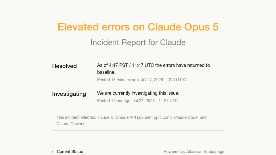 Screenshot of status.claude.com: Elevated errors on Claude Opus 5