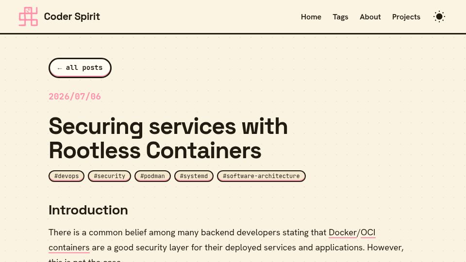 Screenshot of blog.coderspirit.xyz: Securing Services with Rootless Containers