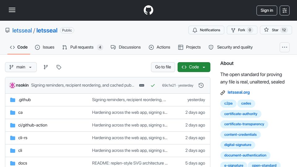 Screenshot of github.com: Show HN: Let's Seal – Let's Encrypt for document signing, free and self-hosted