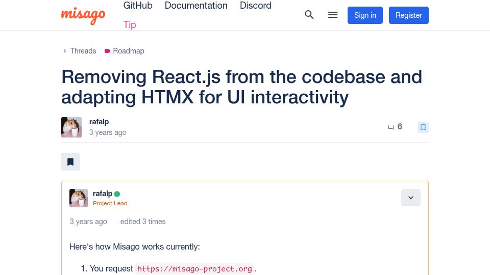 Screenshot of misago-project.org: Removing React.js from the codebase and adapting Htmx for UI interactivity (2023)