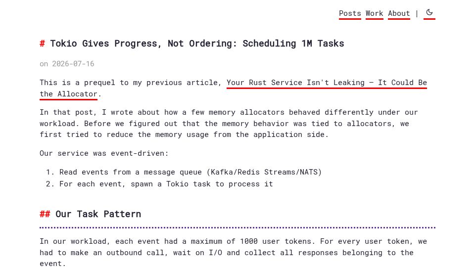 Screenshot of pranitha.dev: Tokio Gives Progress, Not Ordering: Scheduling 1M Tasks