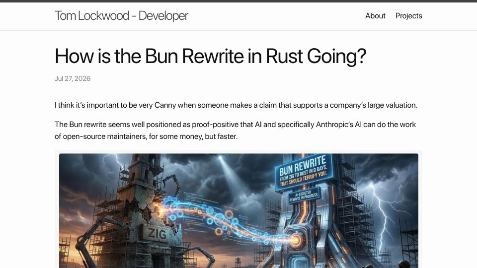 Screenshot of lockwood.dev: How is the Bun Rewrite in Rust going?