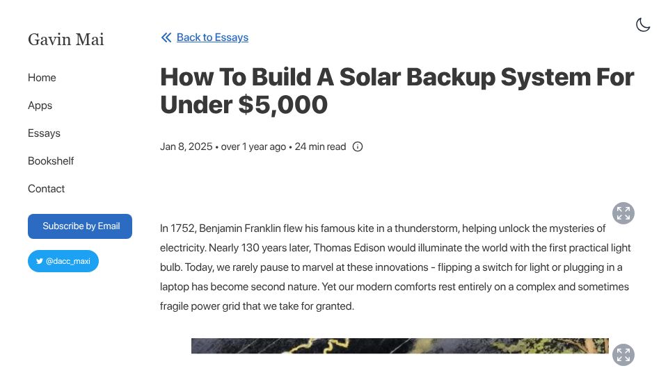 Screenshot of gavinmai.com: DIY Home Solar System for under $5000