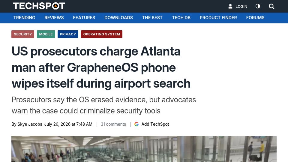 Screenshot of techspot.com: US citizen charged after GrapheneOS phone wipes during airport search