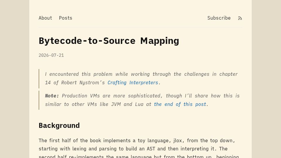 Screenshot of tidefield.dev: Bytecode-to-Source Mapping