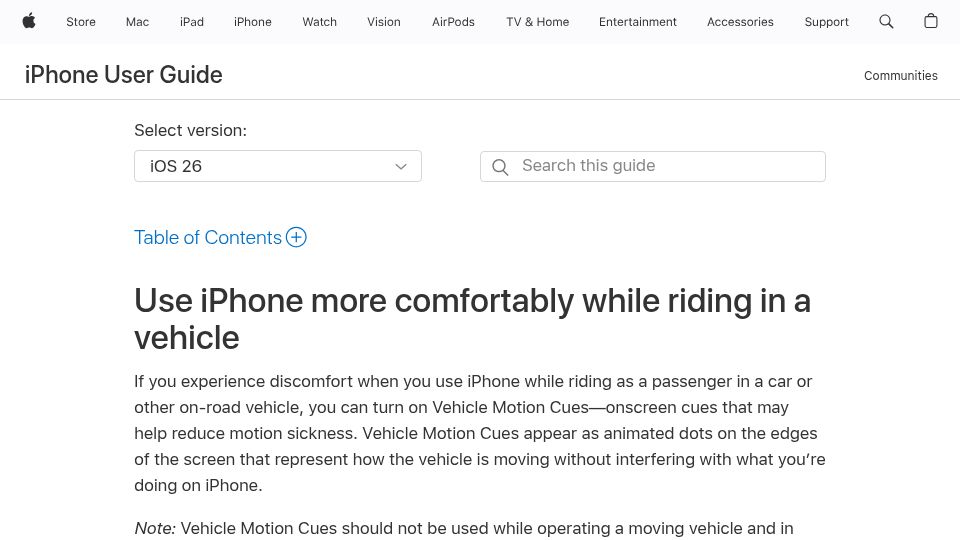 Screenshot of support.apple.com: Vehicle Motion Cues