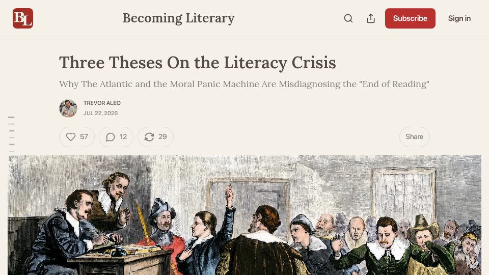 Screenshot of trevoraleo.substack.com: Three Theses on the Literacy Crisis