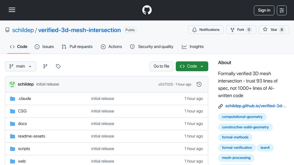 Screenshot of github.com: Show HN: Formally verified 3D CSG: Trust 93 lines spec, not 1000 lines AI code