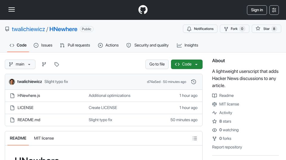 Screenshot of github.com: Show HN: I was tired of opening 2 tabs for every HN link, so I made a userscript