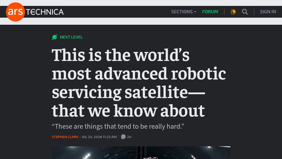 Screenshot of arstechnica.com: The most advanced robotic servicing satellite–that we know about