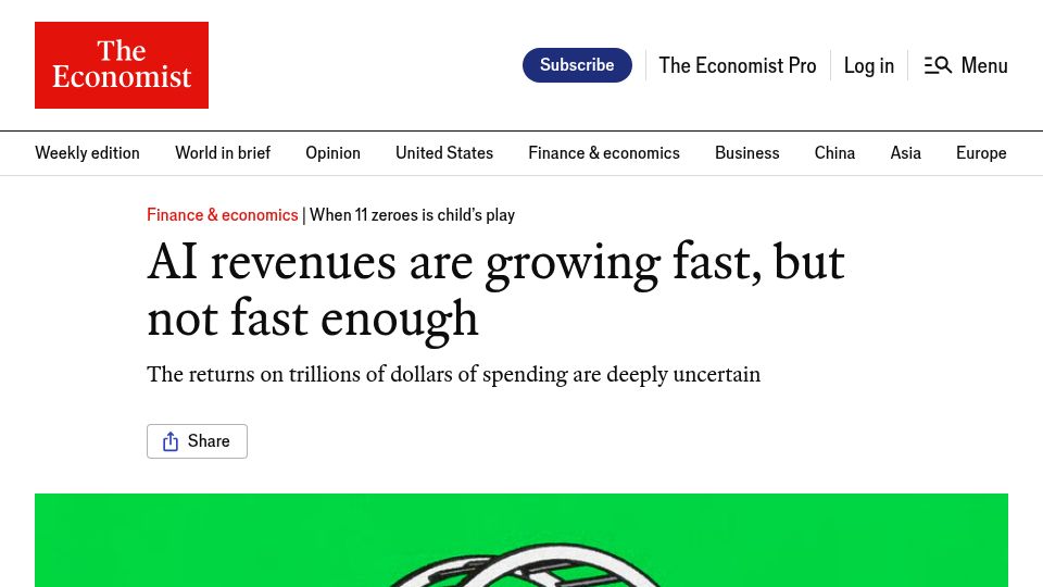 Screenshot of economist.com: AI revenues are growing fast, but not fast enough