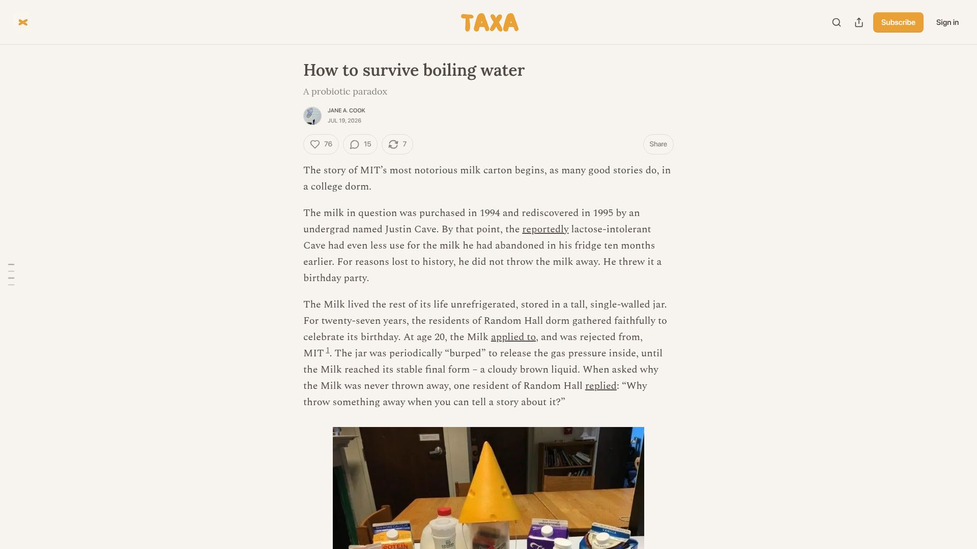 Screenshot of taxa.substack.com: How to survive boiling water