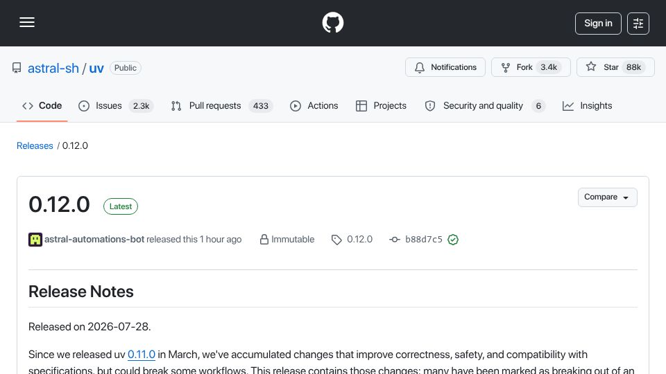 Screenshot of github.com: Uv 0.12.0