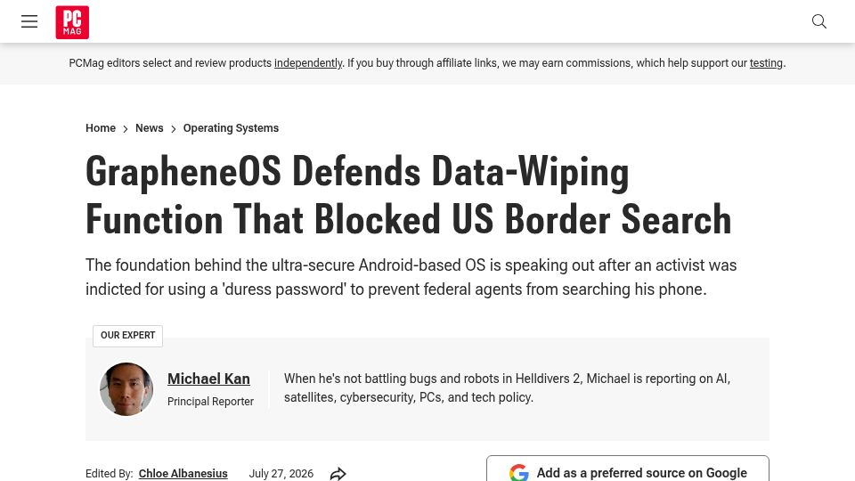 Screenshot of pcmag.com: GrapheneOS Defends Data-Wiping Function That Blocked US Border Search
