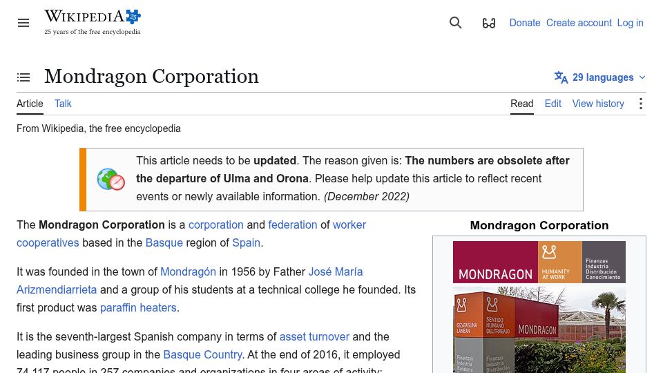 Screenshot of en.wikipedia.org: Mondragon Corporation – a federation of co-operatives