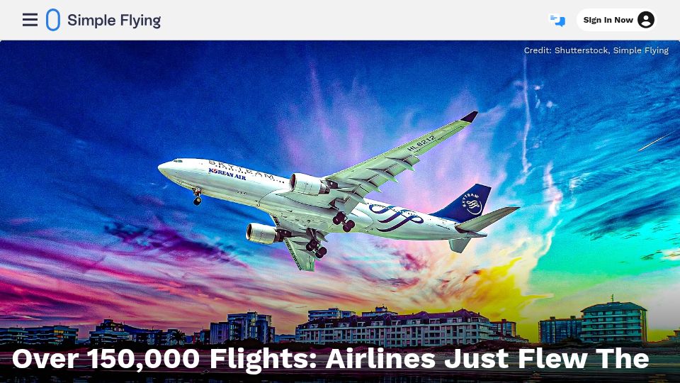 Screenshot of simpleflying.com: Over 150k Flights: Airlines Just Flew the Busiest Day in Recorded History