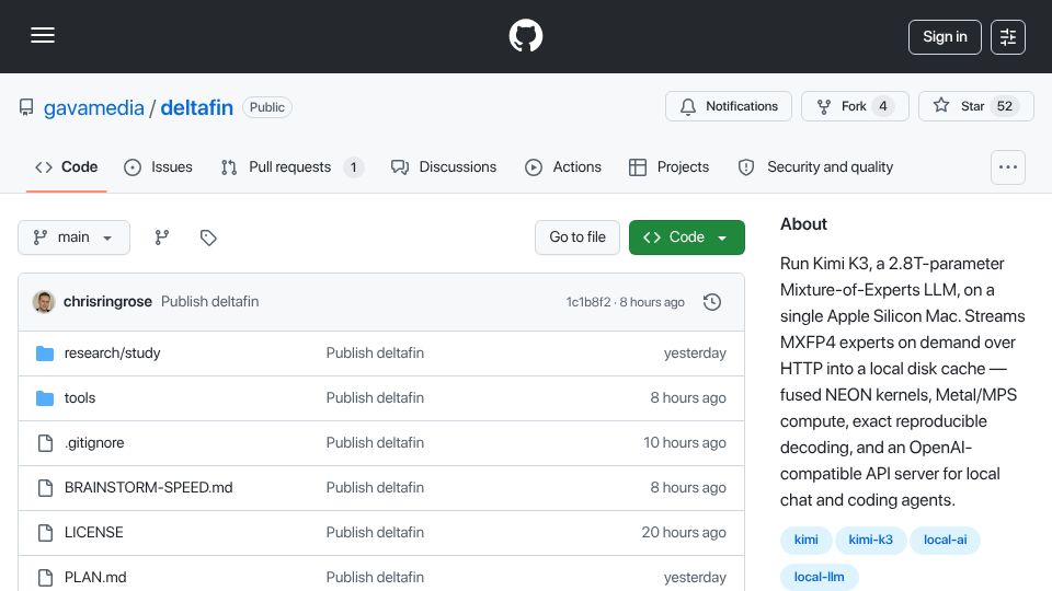 Screenshot of github.com: Running Kimi K3 on a M1 Max