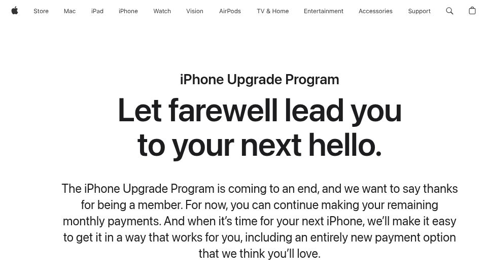 Screenshot of apple.com: The iPhone Upgrade Program is being replaced by Apple Upgrade