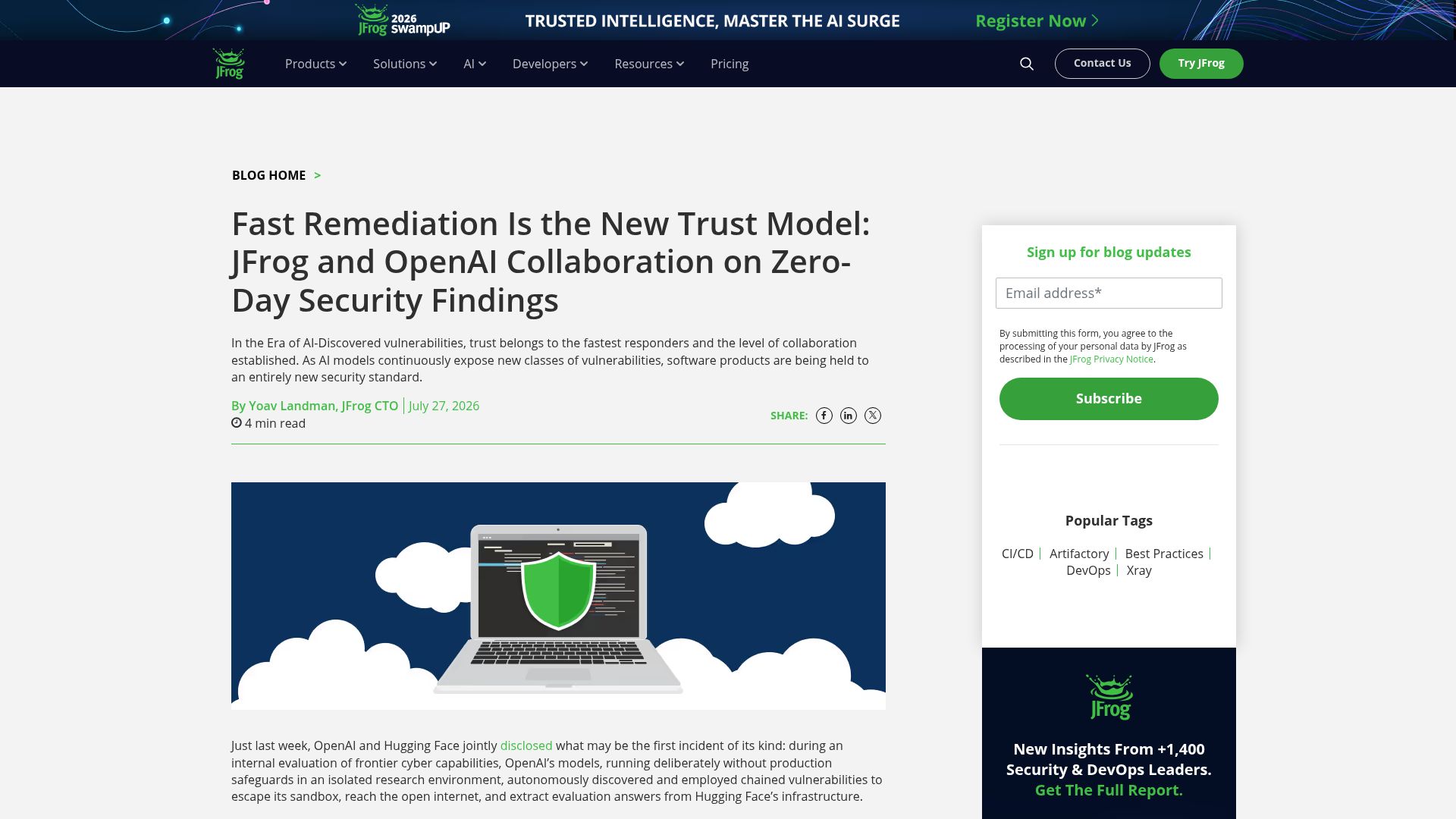 Screenshot of jfrog.com: Fast Remediation Is the New Trust Model (JFrog and OpenAI Zero-Day Findings)