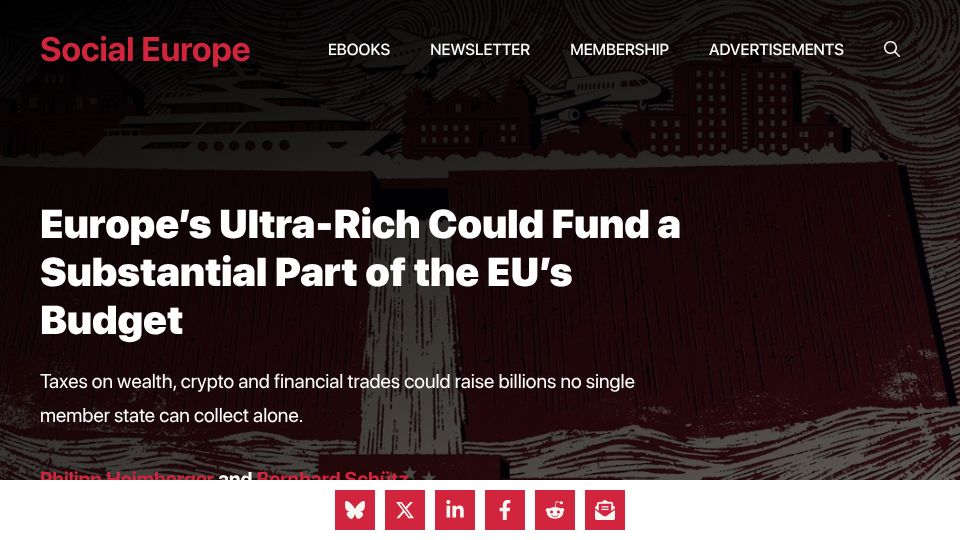 Screenshot of socialeurope.eu: Europe's Ultra-Rich Could Fund a Substantial Part of the EU's Budget