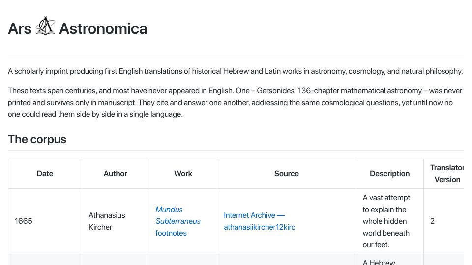 Screenshot of arsastronomica.com: Ars Astronomica – English translations of rare Hebrew and Latin astronomy texts