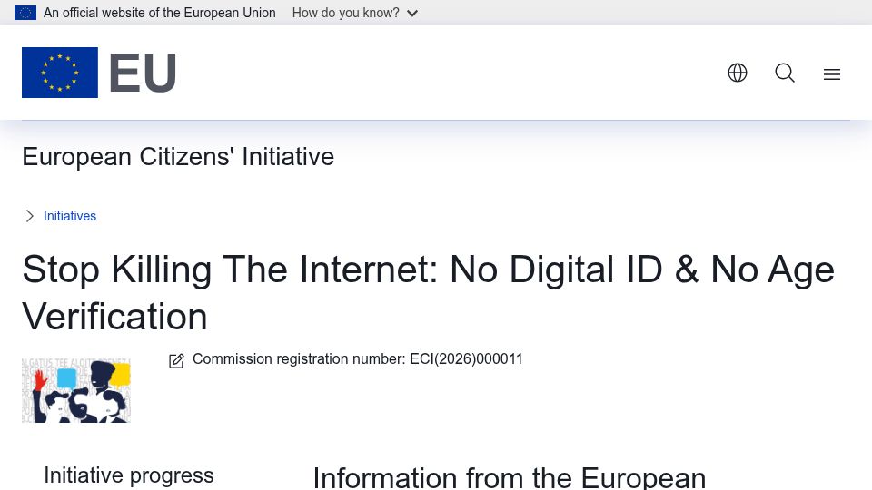 Screenshot of citizens-initiative.europa.eu: Stop Killing the Internet: No Digital ID and No Age Verification