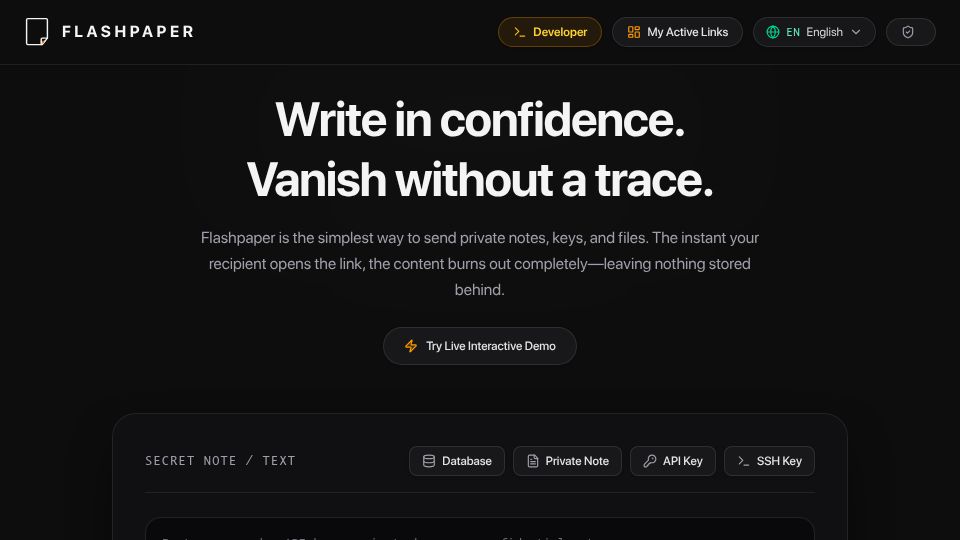 Screenshot of flashpaper.app: Show HN: Flashpaper – Self-destructing secret sharing with no database