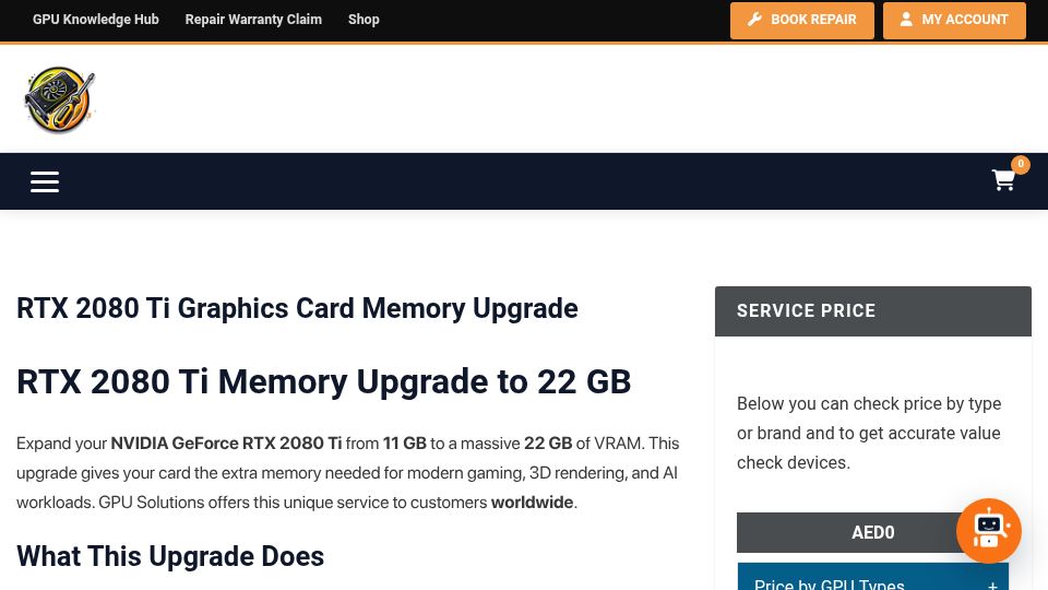 Screenshot of gpusolutions.net: RTX 2080 Ti Memory Upgrade to 22 GB