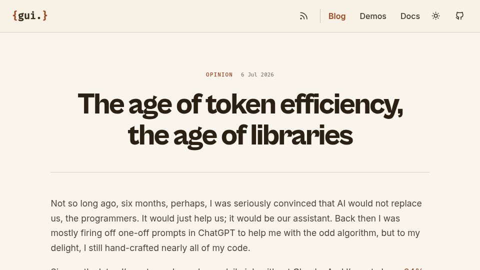 Screenshot of golemui.com: The age of token efficiency, the age of libraries