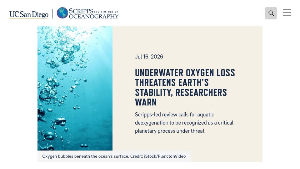 Screenshot of scripps.ucsd.edu: Underwater oxygen loss threatens earth's stability, researchers warn