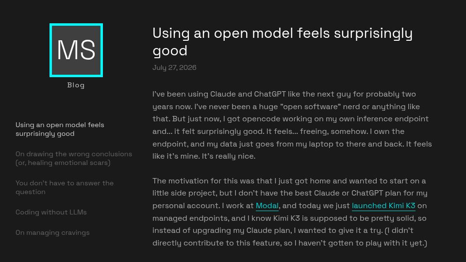 Screenshot of matthewsaltz.com: Using an open model feels surprisingly good