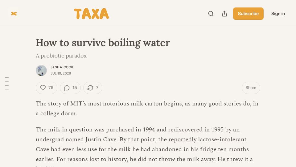 Screenshot of taxa.substack.com: How to survive boiling water