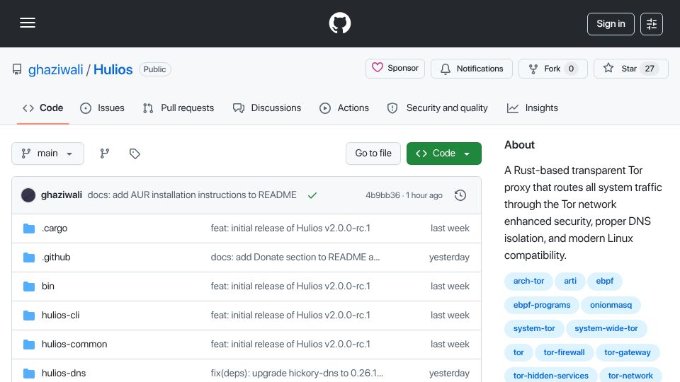 Screenshot of github.com: Hulios: An eBPF-powered, transparent Tor gateway for Linux