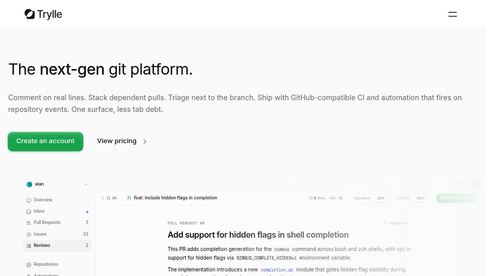 Screenshot of trylle.com: Show HN: Trylle – The Next-Gen Git Platform for Modern Teams