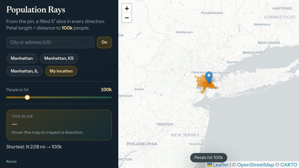 Screenshot of imjasonh.github.io: Show HN: How far do I have to go to run into 100k people?