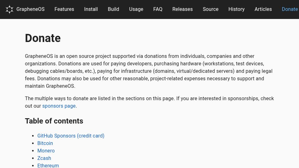 Screenshot of grapheneos.org: Donate to GrapheneOS