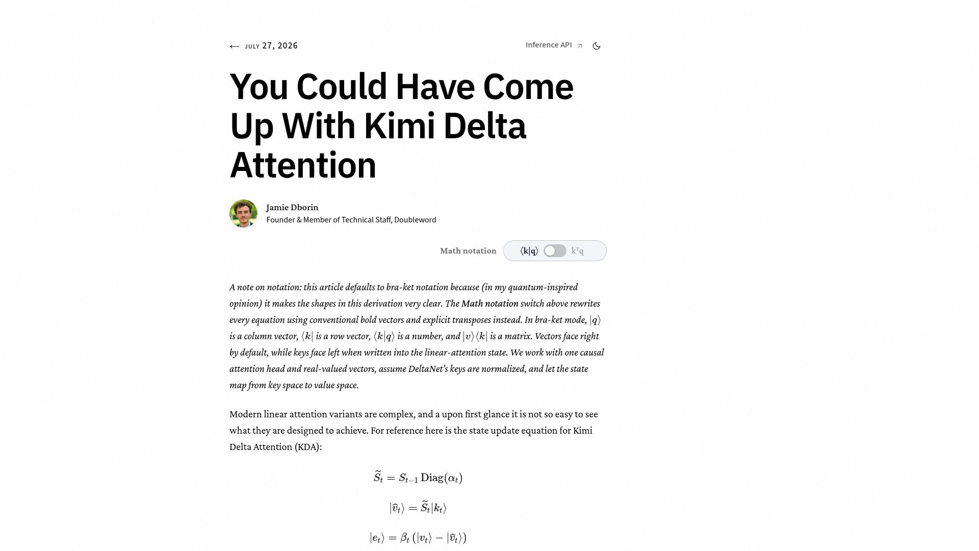 Screenshot of blog.doubleword.ai: A walk through of the DeltaNet family of linear attention variants