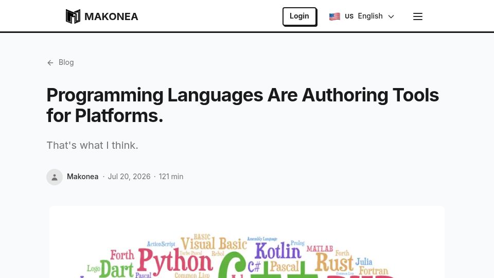 Screenshot of makonea.com: Programming Languages Are Authoring Tools for Platforms