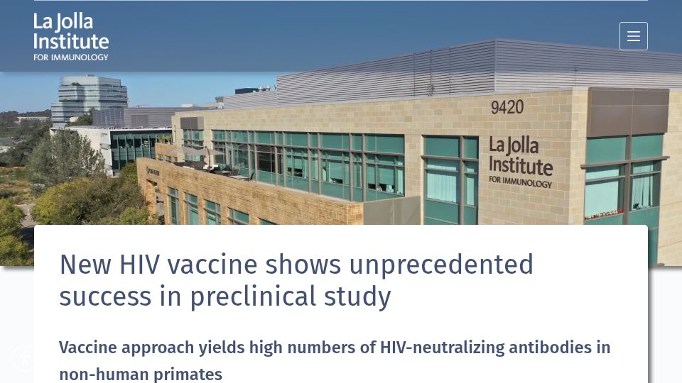 Screenshot of lji.org: New HIV vaccine shows unprecedented success in preclinical study