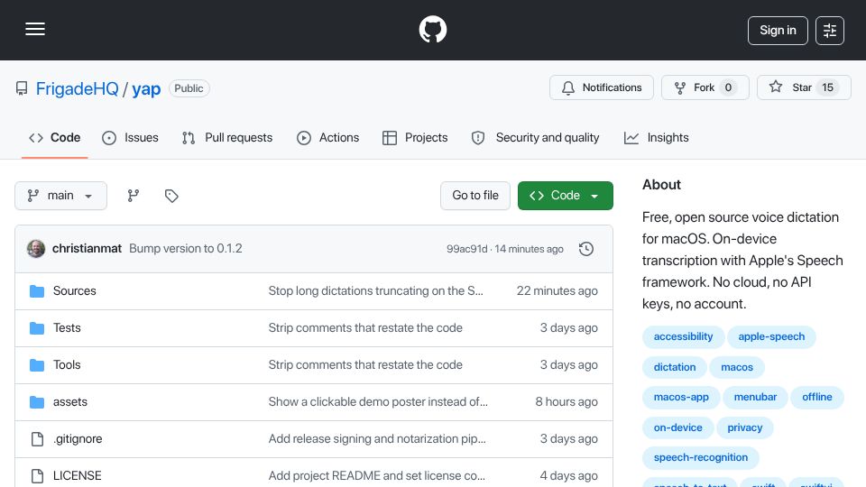 Screenshot of github.com: Show HN: Yap – OSS on-device voice dictation for macOS with no model to download