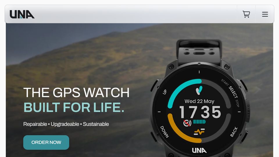 Screenshot of unawatch.com: Una GPS smart watch – Repairable, USB-C charging, developer-friendly