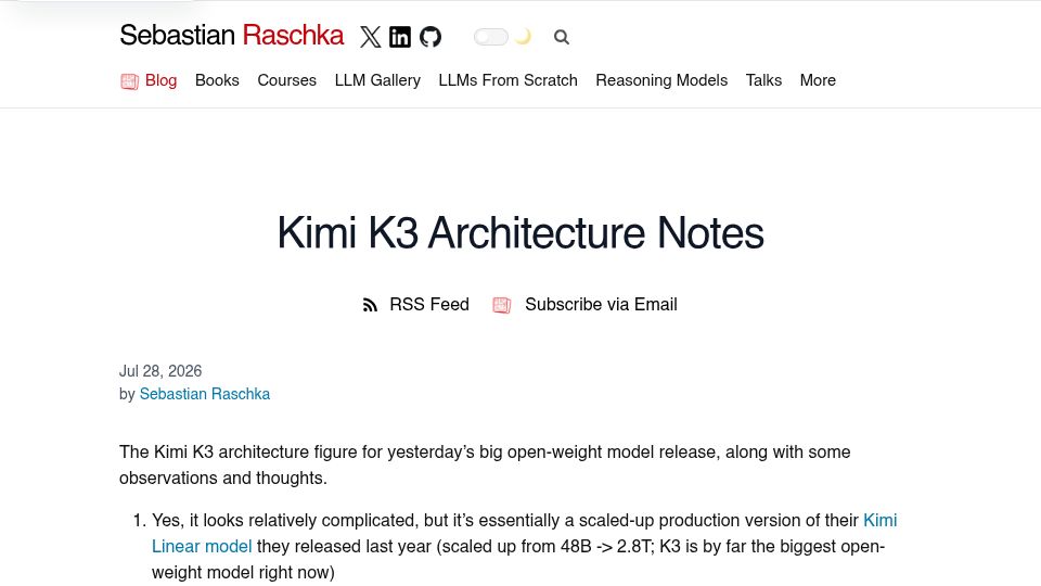 Screenshot of sebastianraschka.com: Kimi K3 Architecture Overview and Notes