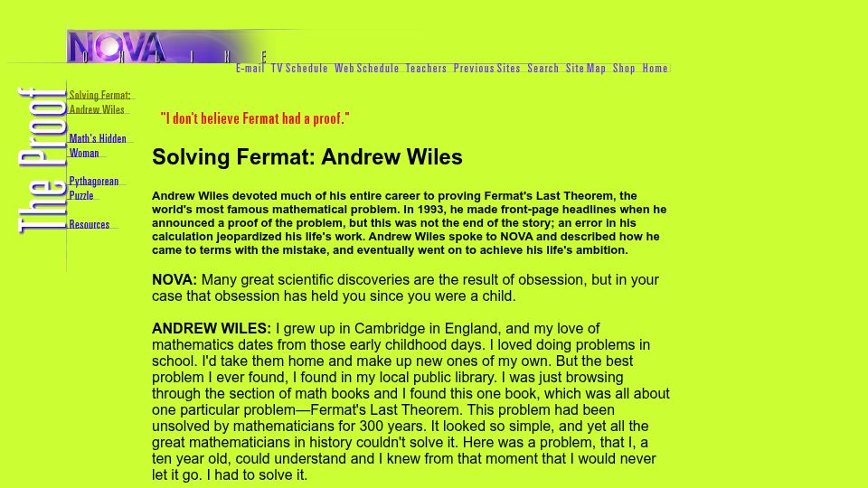 Screenshot of pbs.org: Solving Fermat: Andrew Wiles