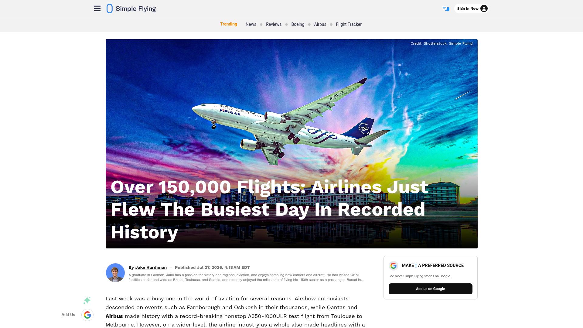 Screenshot of simpleflying.com: Over 150k Flights: Airlines Just Flew the Busiest Day in Recorded History