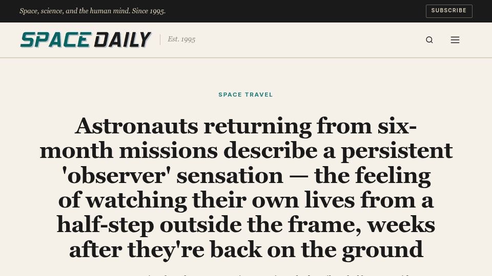 Screenshot of spacedaily.com: Astronauts describe persistent 'observer' sensation after 6 month missions