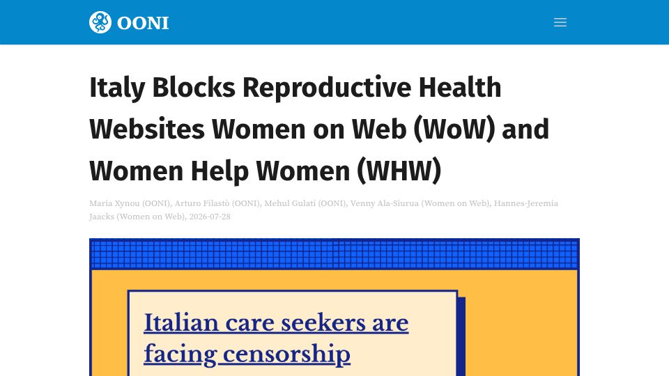 Screenshot of ooni.org: Italy Blocks Reproductive Health Websites Women on Web and Women Help Women