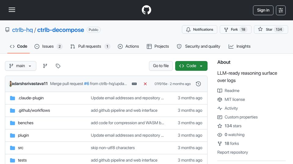 Screenshot of github.com: Show HN: Ctrlb-decompose: Strip the noise from logs before sending to LLMs